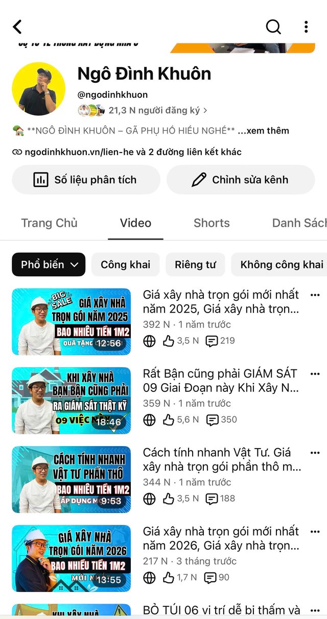 Kênh YouTube Ngô Đình Khuôn 21.300 người đăng ký